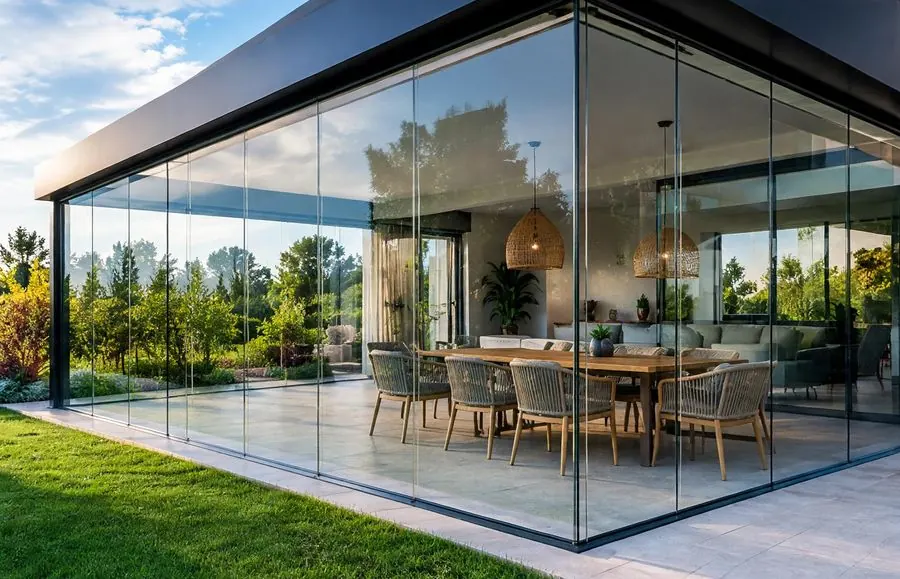 Glass curtain enclosing a terrace