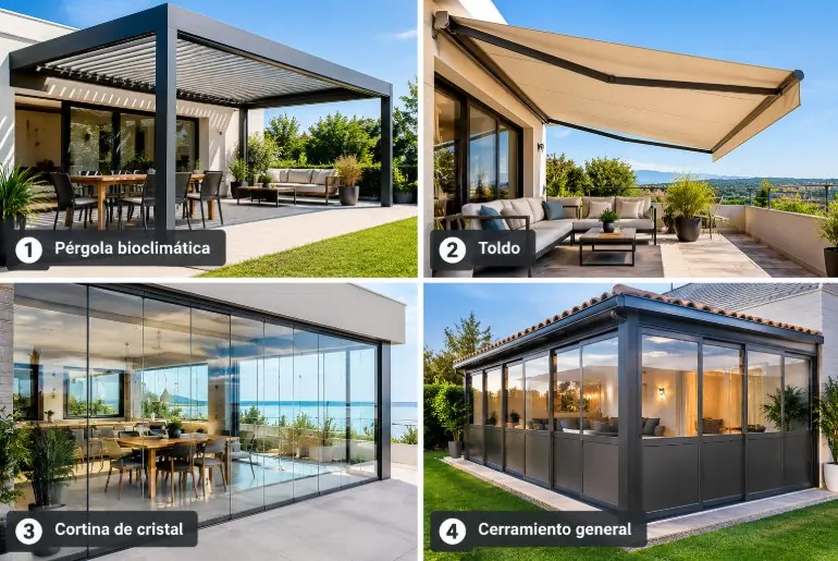 Bioclimatic pergola, awning, glass curtain and enclosure