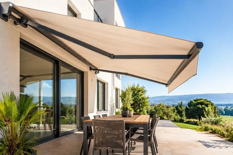 Retractable awning over a terrace